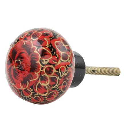 Maroon Black Floral Hand Painted Kashmiri Indian Cabinet Knobs